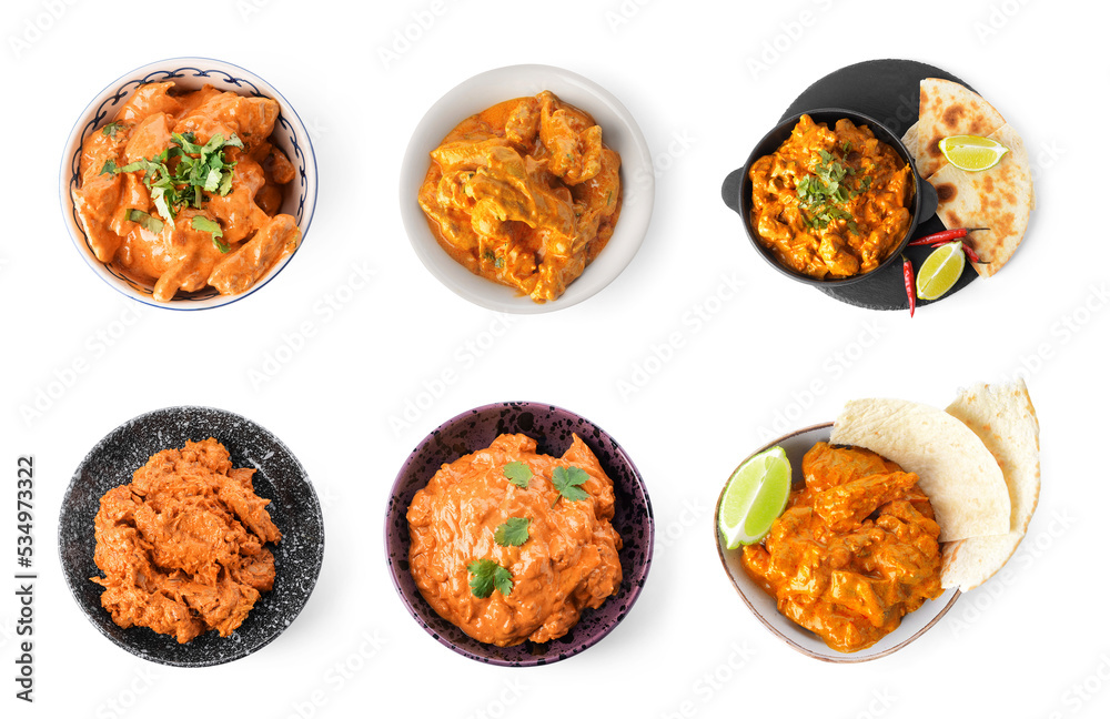 Collage of tasty chicken tikka masala on white background, top view
