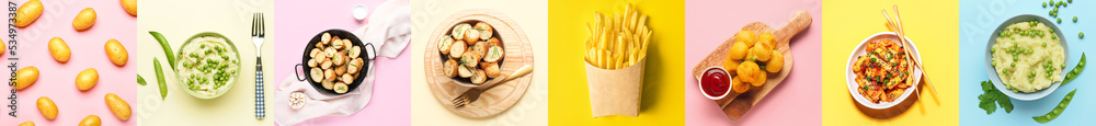 Collage with raw potatoes and different tasty dishes on color background Collage with raw potatoes and different tasty dishes on color background