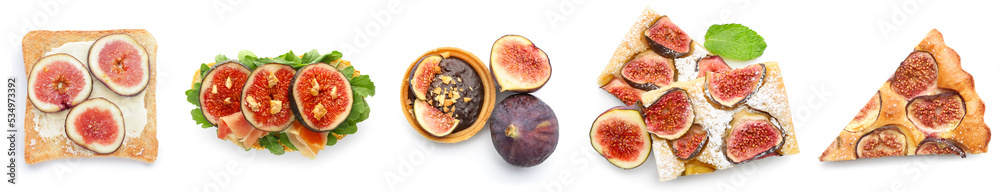 Group of different food with tasty figs on white background