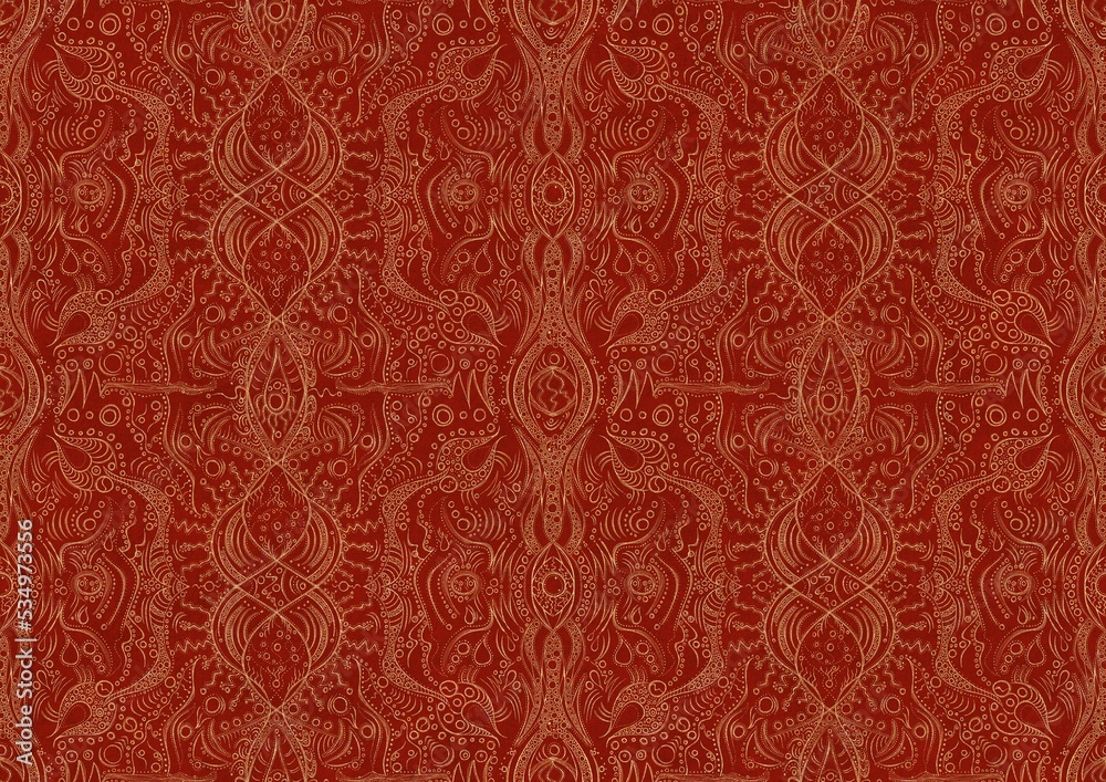 Hand-drawn unique abstract symmetrical seamless gold ornament on a bright red background. Paper texture. Digital artwork, A4. (pattern: p09b) Hand-drawn unique abstract symmetrical seamless gold ornament on a bright red background. Paper texture. Digital artwork, A4. (pattern: p09b)