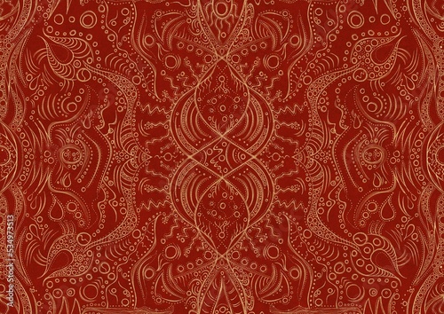 Hand-drawn unique abstract symmetrical seamless gold ornament on a bright red background. Paper texture. Digital artwork, A4. (pattern: p09a)
