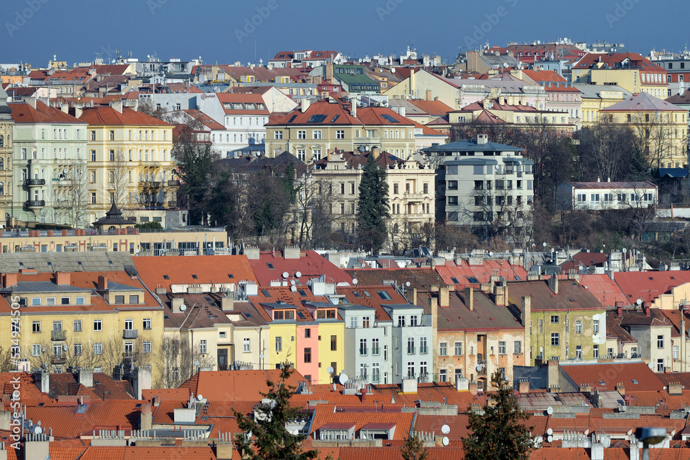 Panoramic view of residential buildings in historic district of Prague city