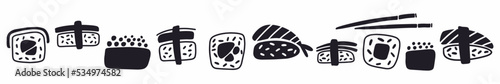 Vector, horizontal collection of sushi hand-drawn in the style of a doodle. Oriental cuisine.
