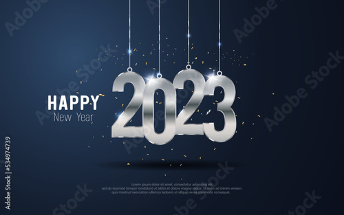 Happy New Year 2023. Hanging metal number and strew ribbon on blue gradient background.