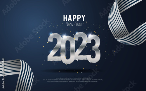 Happy New Year 2023. metal number and ribbon on blue gradient background.