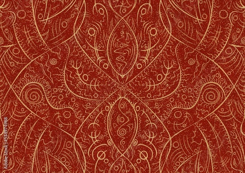 Wallpaper Mural Hand-drawn unique abstract symmetrical seamless gold ornament with splatters of golden glitter on a bright red background. Paper texture. Digital artwork, A4. (pattern: p08-2a) Torontodigital.ca