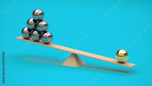 One gilded ball outweighs several metal balls on a swing. 3D rendering. Minimalism. Abstraction. Balance concept. Not like everyone else