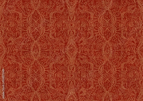Hand-drawn unique abstract symmetrical seamless gold ornament with splatters of golden glitter on a bright red background. Paper texture. Digital artwork, A4. (pattern: p09b)