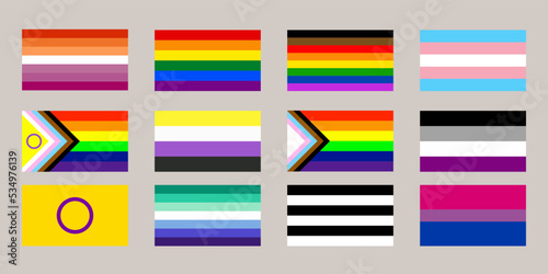 Sexual identity pride flags set, LGBT symbols. Flag gender sexe gay, transgender, bisexual, lesbian and others. Vector illustration