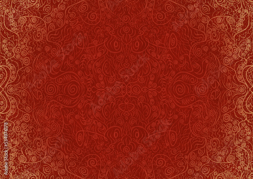 Hand-drawn unique abstract ornament. Light red on a bright red background, with vignette of same pattern and splatters in golden glitter. Paper texture. Digital artwork, A4. (pattern: p06a)