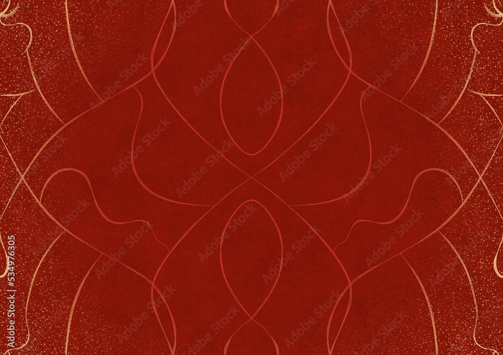 Hand-drawn unique abstract ornament. Light red on a bright red background, with vignette of same pattern and splatters in golden glitter. Paper texture. Digital artwork, A4. (pattern: p08-1a)