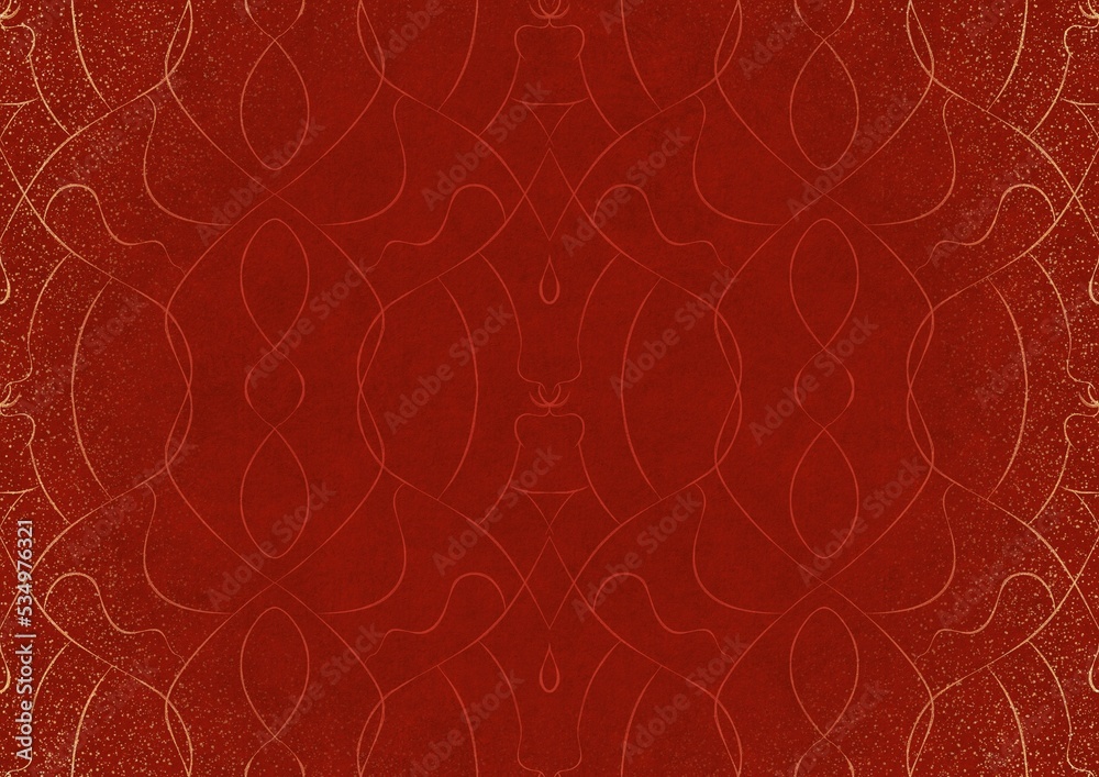 Hand-drawn unique abstract ornament. Light red on a bright red background, with vignette of same pattern and splatters in golden glitter. Paper texture. Digital artwork, A4. (pattern: p08-1b) Hand-drawn unique abstract ornament. Light red on a bright red background, with vignette of same pattern and splatters in golden glitter. Paper texture. Digital artwork, A4. (pattern: p08-1b)