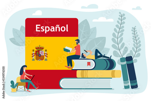 People learning Spanish. Students reading Espanol books. Distance education, online learning concept. Using hi-tech gadgets for teaching foreign languages.
