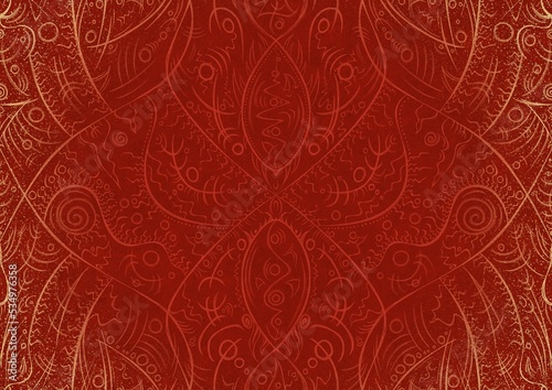 Hand-drawn unique abstract ornament. Light red on a bright red background, with vignette of same pattern and splatters in golden glitter. Paper texture. Digital artwork, A4. (pattern: p08-2a)