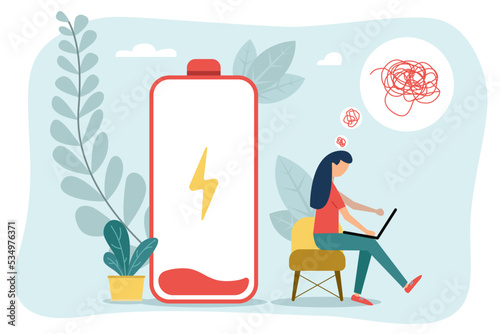 Low energy or motivation concept, exhausted and fatigue from hard work, stressed or anxiety from unhealthy work or depression and burnout, fatigue and tired businessman stand with low battery sign.