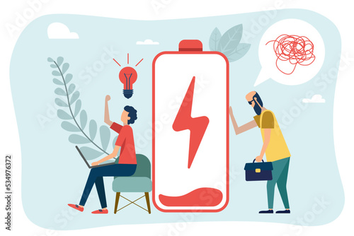 Low energy or motivation concept, exhausted and fatigue from hard work, stressed or anxiety from unhealthy work or depression and burnout, fatigue and tired businessman stand with low battery sign.