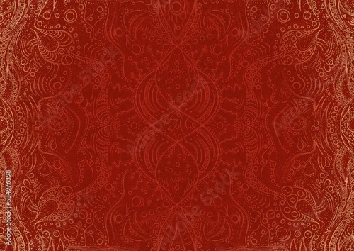 Hand-drawn unique abstract ornament. Light red on a bright red background, with vignette of same pattern and splatters in golden glitter. Paper texture. Digital artwork, A4. (pattern: p09a)