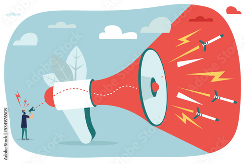 A man shouts into a megaphone, launching rockets, war propaganda, inciting hatred.