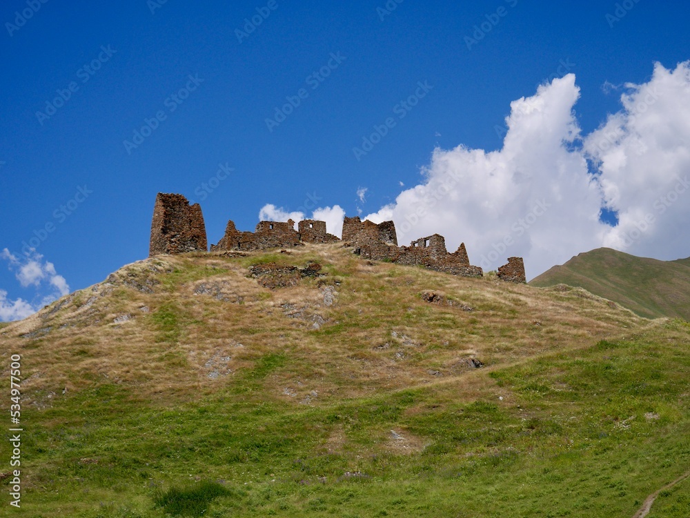 Zakagori fortress with defense tower in beautiful Truso valley in Kazbegi region, Caucasus mountains, Georgia.