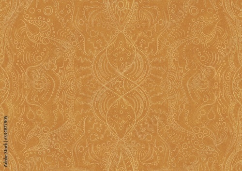 Hand-drawn unique abstract symmetrical seamless gold ornament on a yellow background. Paper texture. Digital artwork, A4. (pattern: p09a)
