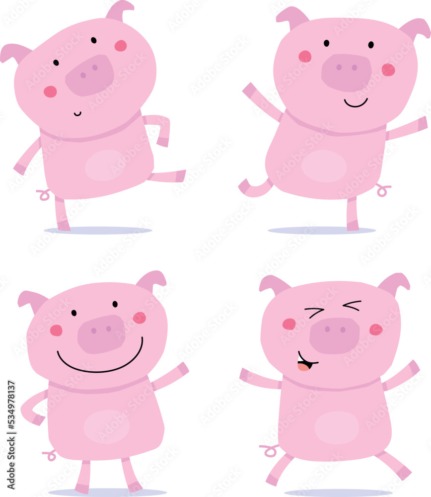 Vector illustration set of cute cartoon happy pigs. Isolated on white each piggy in a different position walking jumping and waving hooves.