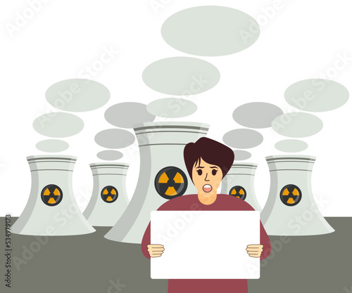 European woman with a blank poster against the backdrop of nuclear power plants stands for construction worldwide. Independent strong fre woman. Nuclear plant for clean green energy production