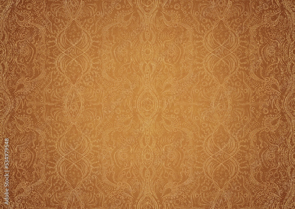 Hand-drawn unique abstract gold ornament on a yellow background, with vignette of darker background color and splatters of golden glitter. Paper texture. Digital artwork, A4. (pattern: p09b)