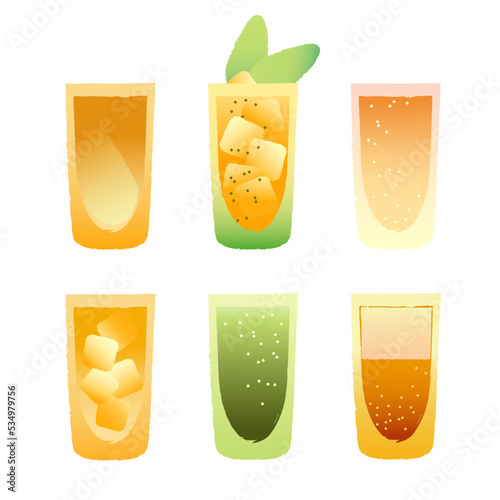 Bright set of alcoholic drinks in shooter glass. Vector with texture and gradient. golden drinks