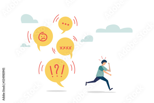 Too many messages or spam, inefficient discussion or meeting concept, communication problem or overload, frustrated businessman run away from collapsing stack of online speech bubble.