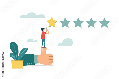 Feedback, bad review or one star customer feedback, terrible or poor quality user experience, low rating result or disappointment concept, unhappy man on thumb down giving bad review star.