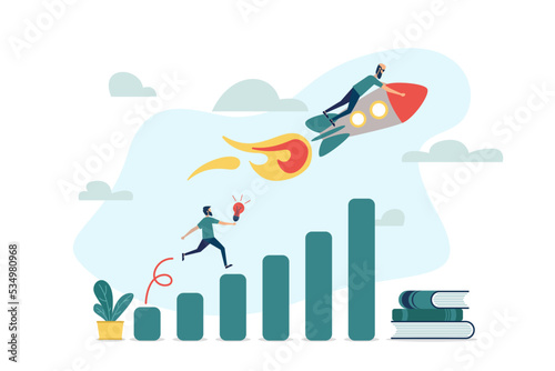 Financial report graph with exponential arrow from flying rocket. Exponential growth or compound interest, investment, wealth or earning rising up graph, business sales or profit increase concept.