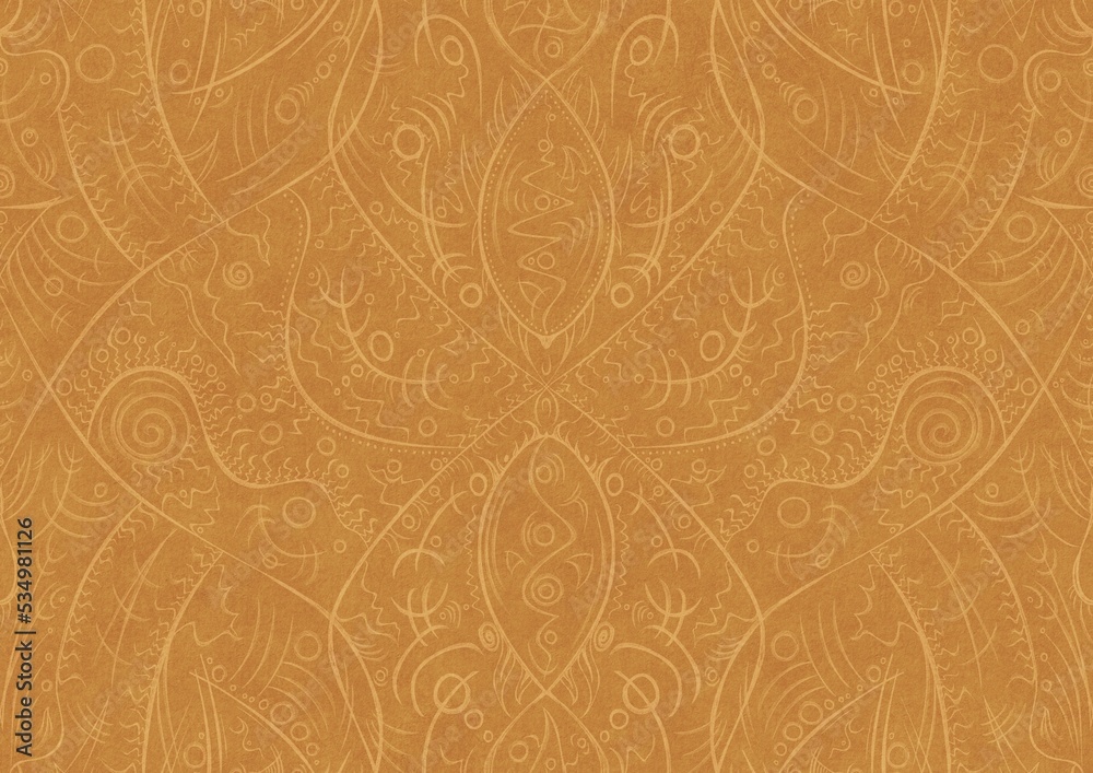 Hand-drawn unique abstract symmetrical seamless ornament light yellow on a darker yellow background, paper texture. Digital artwork, A4. (pattern: p08-2a)