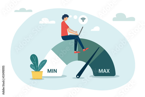 Page speed and SEO. Flat vector concept illustration. Website loading optimization, speed loading time. Page optimization. Speed test metering dial. Slow loading of media content. Signal quality