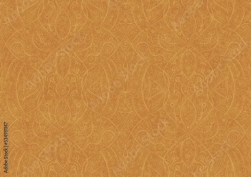 Hand-drawn unique abstract symmetrical seamless ornament light yellow on a darker yellow background, paper texture. Digital artwork, A4. (pattern: p08-2b)