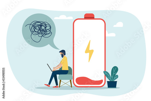 Low energy or motivation concept, exhausted and fatigue from hard work, stressed or anxiety from unhealthy work or depression and burnout, fatigue and tired businessman stand with low battery sign.