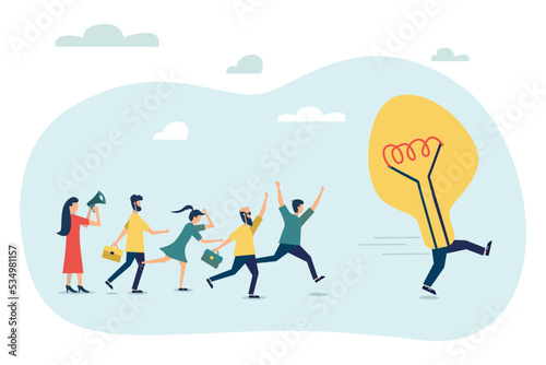 Vector colorful illustration, unattainable thought, search for new solutions, running away idea, company of people catches up with a light bulb vector