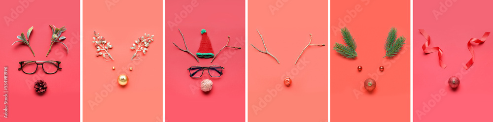 Fototapeta premium Collage of creative Christmas compositions with reindeer faces made of decorations on red background