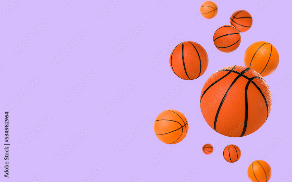 Flying basketball balls on lilac background with space for text