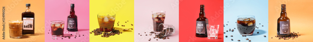 Collage of cold brew coffee on color background Collage of cold brew coffee on color background