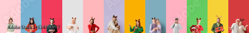 Foto Set of happy people with reindeer horns on colorful background