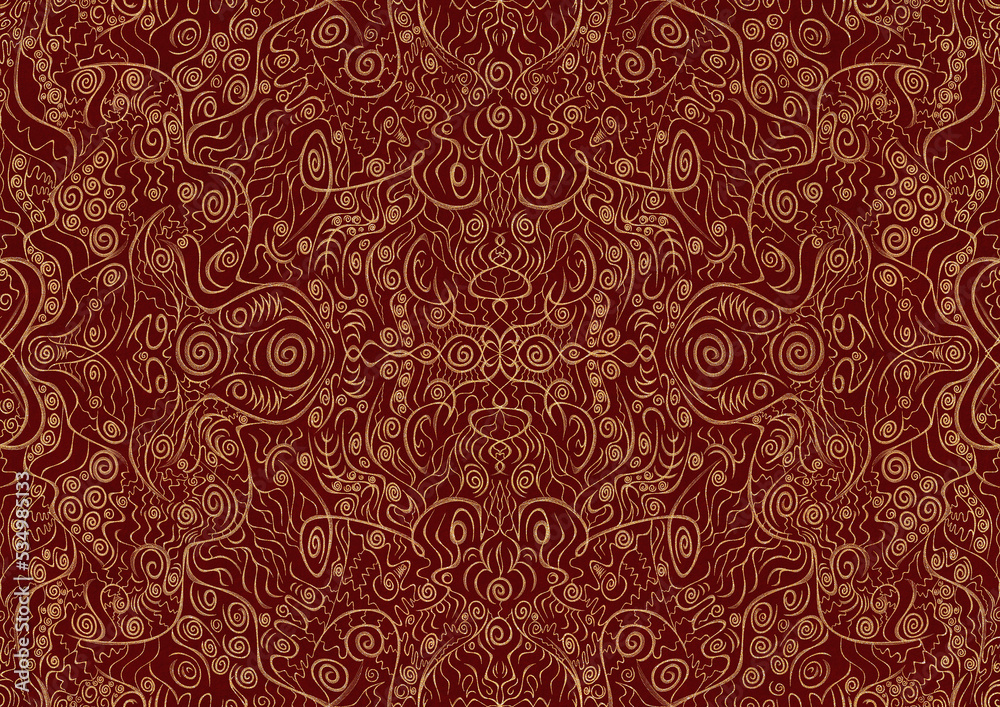 Hand-drawn unique abstract symmetrical seamless gold ornament on a deep red background. Paper texture. Digital artwork, A4. (pattern: p06a) Hand-drawn unique abstract symmetrical seamless gold ornament on a deep red background. Paper texture. Digital artwork, A4. (pattern: p06a)