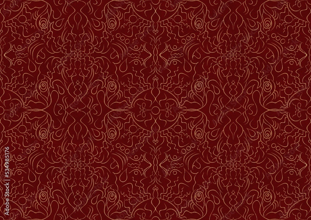 Hand-drawn unique abstract symmetrical seamless gold ornament on a deep red background. Paper texture. Digital artwork, A4. (pattern: p07-1b) Hand-drawn unique abstract symmetrical seamless gold ornament on a deep red background. Paper texture. Digital artwork, A4. (pattern: p07-1b)