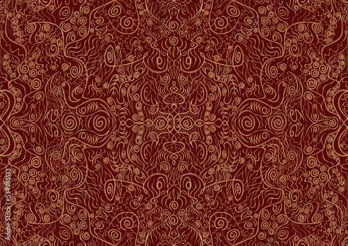 Hand-drawn unique abstract symmetrical seamless gold ornament on a deep red background. Paper texture. Digital artwork, A4. (pattern: p06a)
