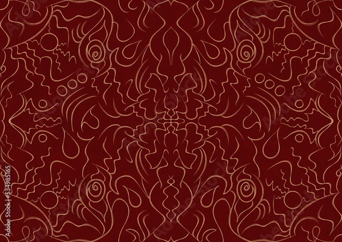 Hand-drawn unique abstract symmetrical seamless gold ornament on a deep red background. Paper texture. Digital artwork, A4. (pattern: p07-1a)