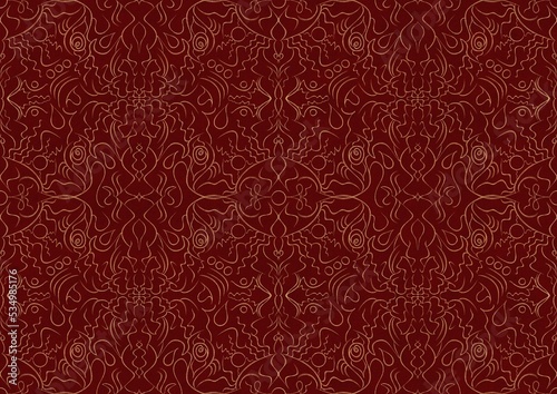 Hand-drawn unique abstract symmetrical seamless gold ornament on a deep red background. Paper texture. Digital artwork, A4. (pattern: p07-1b)