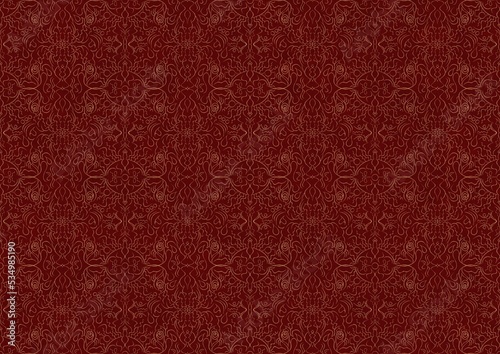 Hand-drawn unique abstract symmetrical seamless gold ornament on a deep red background. Paper texture. Digital artwork, A4. (pattern: p07-1c)