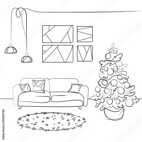 Christmas living room with sofa, christmas tree, hanging lamps, fluffy carpet and abstract paintings black and white linear drawing.Modern sketch design living room interior vector illustration