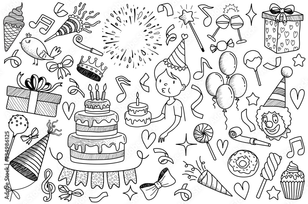  set of doodle cartoon objects and symbols on the birthday party.