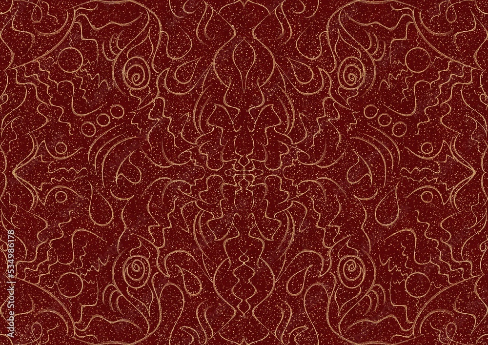 Hand-drawn unique abstract symmetrical seamless gold ornament and splatters of golden glitter on a deep red background. Paper texture. Digital artwork, A4. (pattern: p07-1a)
