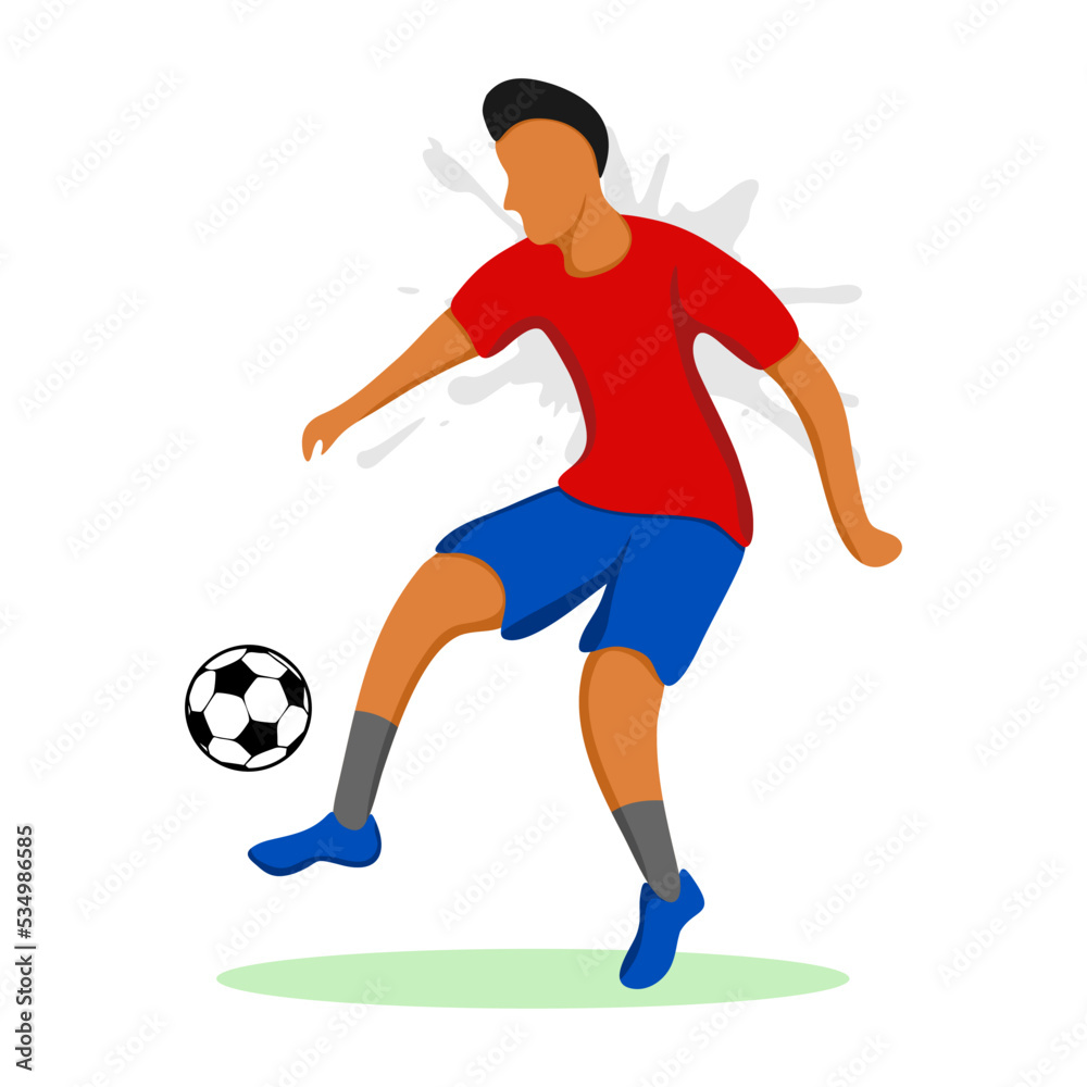 Cartoon flat style football player kicks a ball. Vector illustration